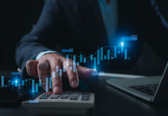 Stock market, Business growth, progress or success concept. Businessman or trader is showing a growing virtual hologram stock, invest in trading.