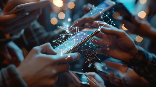 Smartphone era: two hands using smartphone on colorful futuristic data and applications background