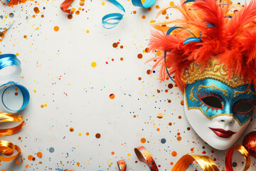 Beautiful carnival mask with feathers and confetti on white background