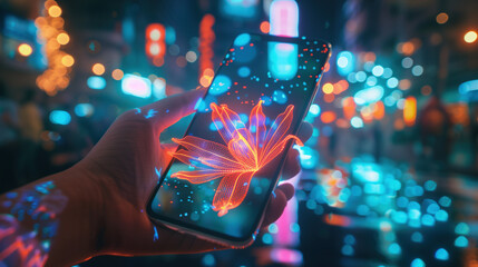 Smartphone era: two hands using smartphone on colorful futuristic data and applications background - obrazy, fototapety, plakaty