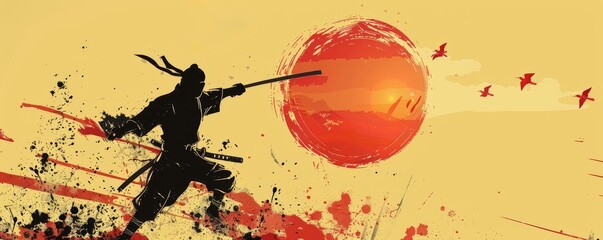 Ninja in a dynamic scene symbolizing agility and speed set against a rising sun - obrazy, fototapety, plakaty