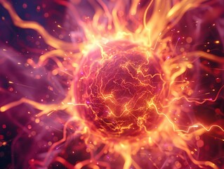 Close up of a vibrant fiery plasma ball sparks and flames intermingling in a dance of elements