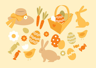 Easter set of illustrations, cute and colorful easter day inspired vector art, bunny, easter basket with decorated eggs and candy.