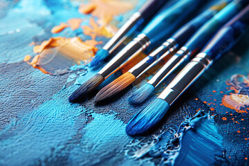 Fototapeta premium Paintbrushes on a canvas, blue and orange paint - Generative AI