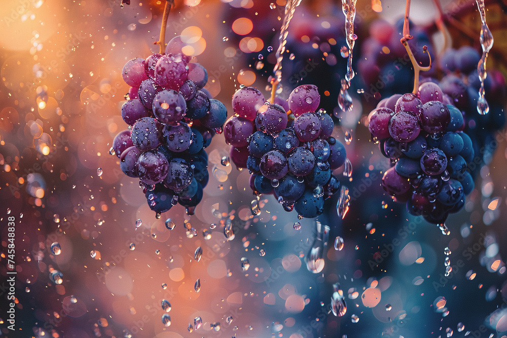 Poster a colorful backdrop has grape chunks floating in the air. water drops splash. ai generated