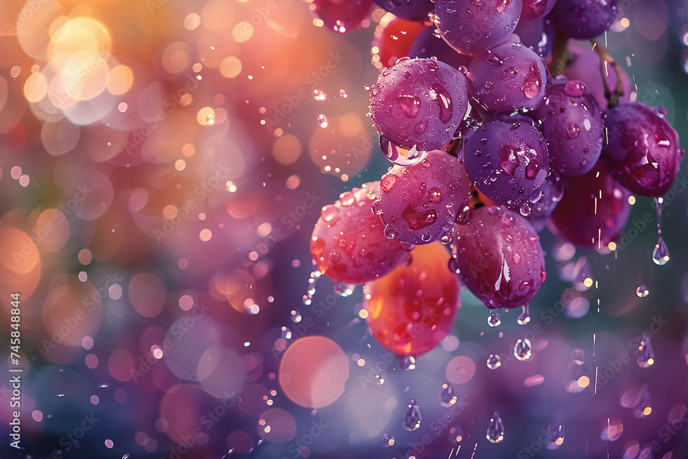 Poster a colorful backdrop has grape chunks floating in the air. water drops splash. ai generated