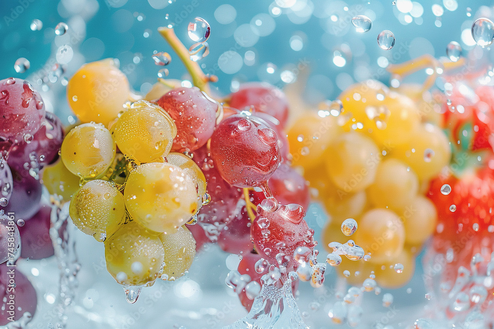 Poster a colorful backdrop has grape chunks floating in the air. water drops splash. ai generated