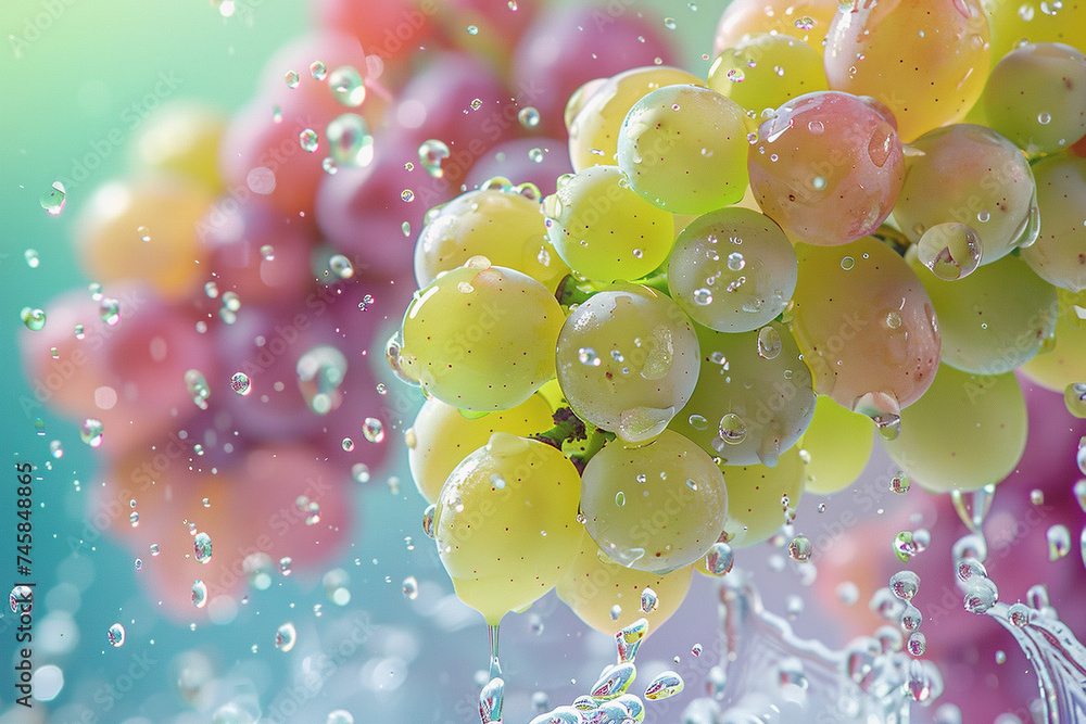 Poster a colorful backdrop has grape chunks floating in the air. water drops splash. ai generated