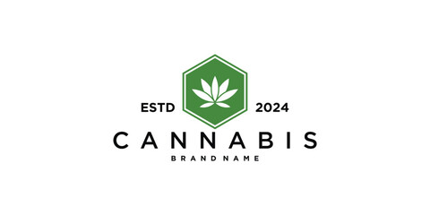 Cannabis leaf with hexagon frame. Premium Vector