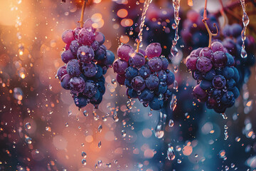 A colorful backdrop has grape chunks floating in the air. water drops splash. AI Generated - obrazy, fototapety, plakaty