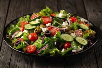 Greek Salad: Crisp lettuce, juicy tomatoes, cucumbers, red onions, Kalamata olives, and tangy feta cheese tossed in a refreshing vinaigrette dressing