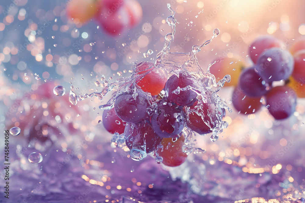 Poster a colorful backdrop has grape chunks floating in the air. water drops splash. ai generated