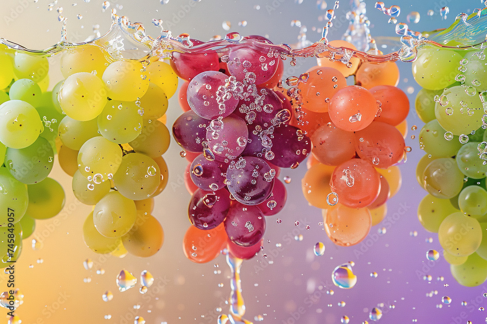 Poster a colorful backdrop has grape chunks floating in the air. water drops splash. ai generated