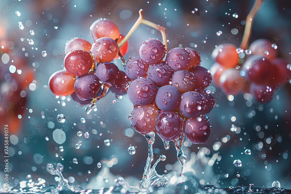 Poster a colorful backdrop has grape chunks floating in the air. water drops splash. ai generated