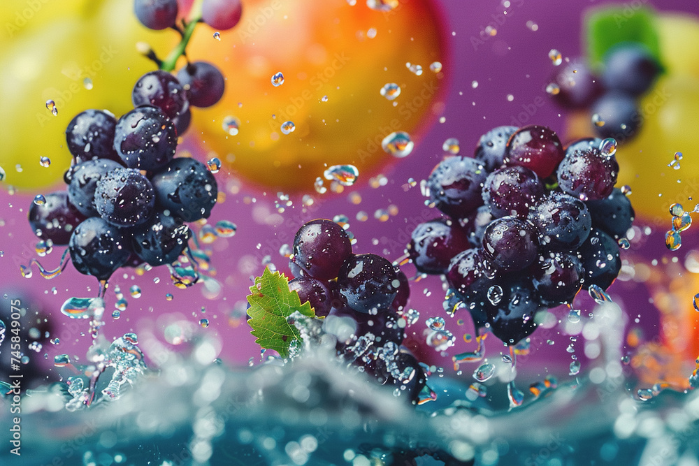 Poster a colorful backdrop has grape chunks floating in the air. water drops splash. ai generated