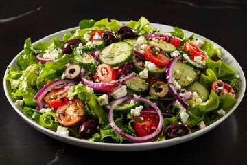 Greek Salad: Crisp lettuce, juicy tomatoes, cucumbers, red onions, Kalamata olives, and tangy feta cheese tossed in a refreshing vinaigrette dressing