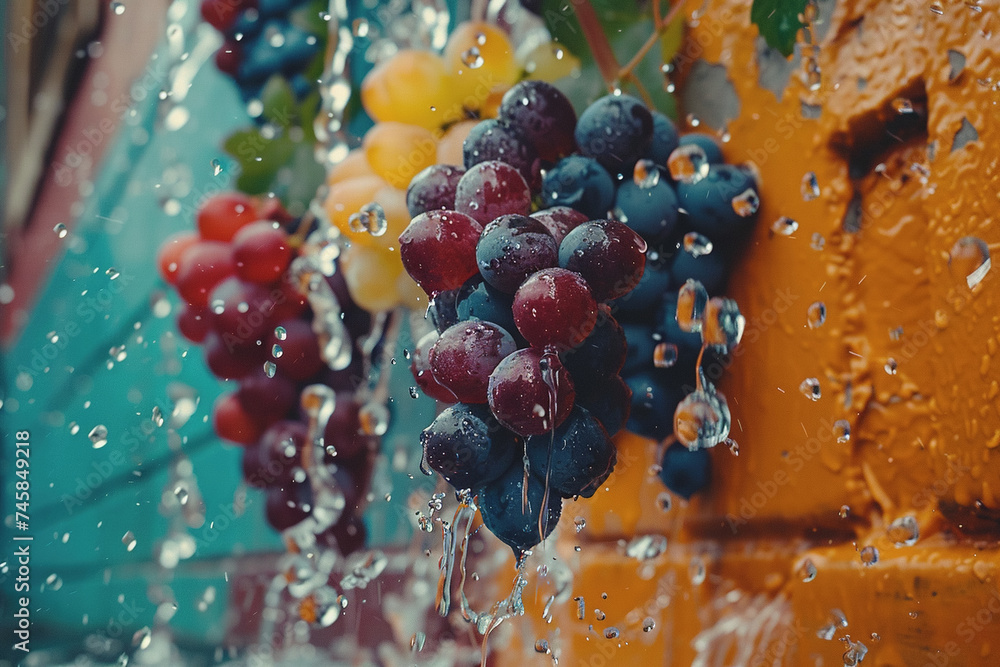 Poster a colorful backdrop has grape chunks floating in the air. water drops splash. ai generated