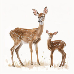 Watercolor cartoon illustration of a gentle deer and her fawn, isolated on a white background