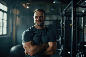 Fototapeta na wymiar Portrait of muscular men smiling, standing confident with crossed his arms in a gym