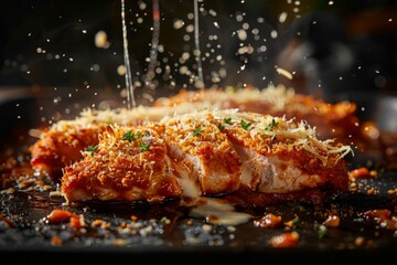 Crispy Chicken Parmesan: Juicy chicken breasts coated in seasoned breadcrumbs, smothered in tangy marinara sauce - obrazy, fototapety, plakaty