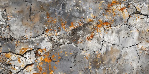 Rustic Concrete Texture with Orange Lichen
Rough texture of weathered concrete with distinctive cracks and patches of orange lichen, symbolizing decay and resilience.
