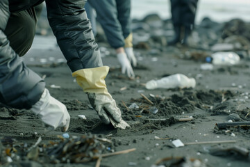 volunteer cleaning up plastic litter in beach or urban environments, hand close-up, Volunteer-Led Eco-Cleanup for a Sustainable Future &ndash; Beach & Urban Environments, Close-Up of Hands Tackling Plastic 