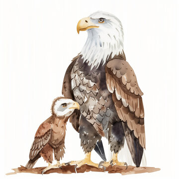 Watercolor cartoon illustration of a majestic eagle and her eaglet, isolated on a white background 