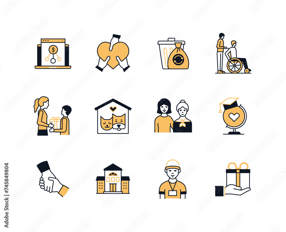 Poster help and care for those in need - line design style icons set with editable stroke. charitable organ