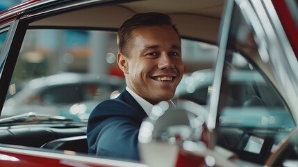 Satisfied smiling man customer buyer businessman client in classic suit sit in car salon chooses auto wants buy new automobile in showroom vehicle dealership store motor show indoor Car sales concept - obrazy, fototapety, plakaty