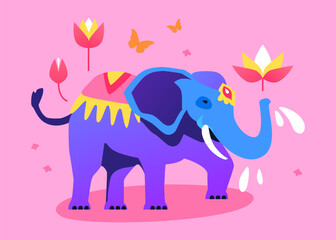 Obraz na płótnie Canvas Big Indian Elephant - modern colored vector illustration with happy and sacred animal that holds a lotus flower in its trunk. Symbolizes abundance, harvest, fertility. Traditions and culture idea