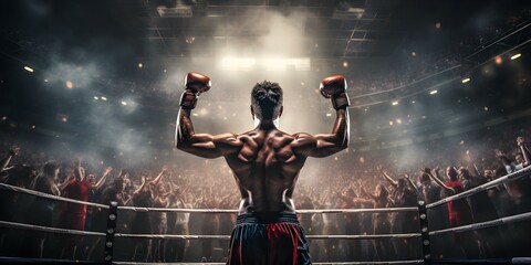 Fototapeta na wymiar Boxer ready to fight facing a cheering crowd in the ring. Concept Boxer, Fighting, Cheering Crowd, Ring, Ready to Fight