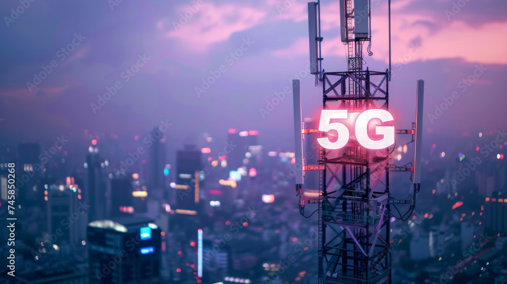 Wall mural 5G Network Tower Illuminating a Bustling Cityscape at Twilight, Symbolizing Connectivity