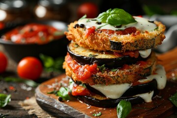 Eggplant Parmesan: Slices of eggplant breaded and fried until golden brown, layered with marinara sauce and melted mozzarella cheese, then baked to bubbling perfection