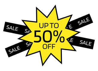 Up to 50% OFF written on a yellow ten-pointed star with a black border. On the back, two black crossed bands with the word sale written in white.