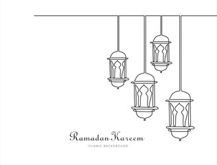 Continuous line drawing of ramadan kareem greeting card. lantern, moon and star islamic decoration, object one line, single line art, vector illustration	