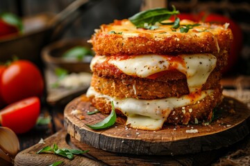 Eggplant Parmesan: Slices of eggplant breaded and fried until golden brown, layered with marinara sauce and melted mozzarella cheese, then baked to bubbling perfection