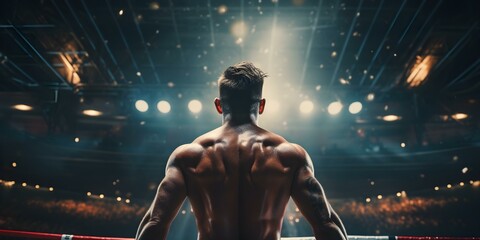 Boxer in the Ring, Ready to Fight with Crowd Encouragement. Concept Boxing match, Crowd cheering, Ring entrance, Determination, Fight night - obrazy, fototapety, plakaty