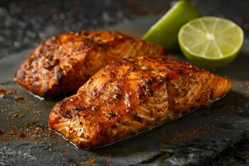 Cajun Blackened Salmon: Succulent salmon fillets coated in a fiery blend of Cajun spices, seared to perfection, served with a zesty lime wedge - obrazy, fototapety, plakaty