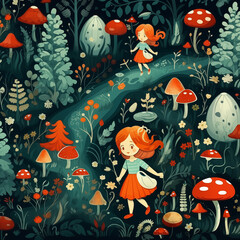 seamless pattern with mushrooms and little girl in the forest