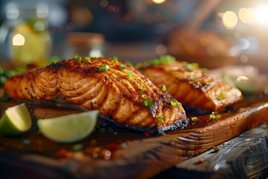Cajun Blackened Salmon: Succulent salmon fillets coated in a fiery blend of Cajun spices, seared to perfection, served with a zesty lime wedge