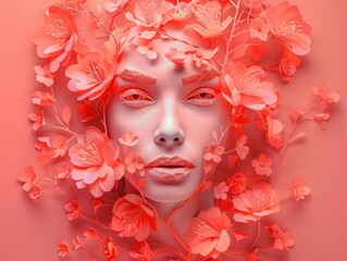 A vibrant and artistic depiction of a face with red-toned floral elements