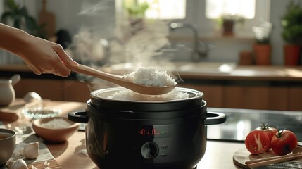 The steam from Hand hold wooden ladle in electric rice cooker in the kitchen.hot food concept