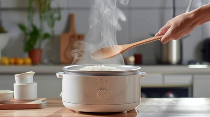 The steam from Hand hold wooden ladle in electric rice cooker in the kitchen.hot food concept