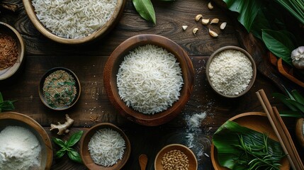 Top Table View Of Thai Jasmine Rice in Wooden Bowl, staple food of Thailand and Asia, providing...