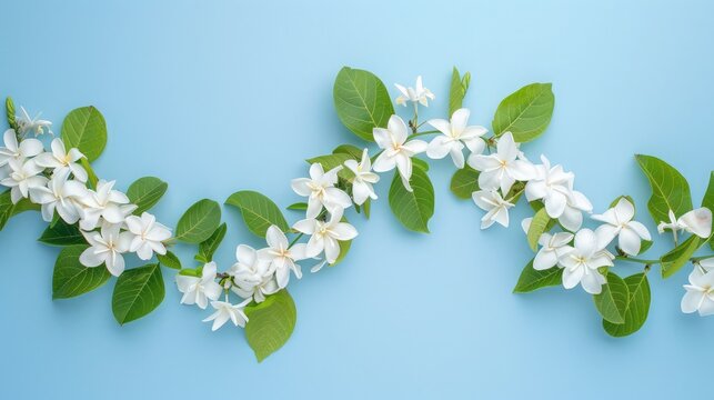 Thai traditional jasmine garland isolated on blue background. Symbol day in Thailand. Thai garland made of jasmine and rose for mom.