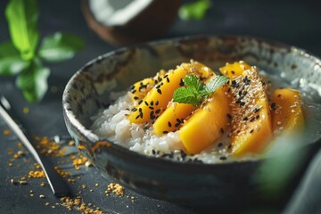 Mango Coconut Sticky Rice: Sweet sticky rice infused with creamy coconut milk, served with ripe mango slices and a sprinkle of toasted sesame seeds - obrazy, fototapety, plakaty