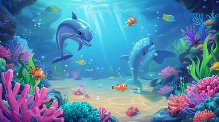 An enchanting underwater world filled with smiling fish, cute seahorses, and playful dolphins, set against a backdrop of coral reefs and sunken treasures. - obrazy, fototapety, plakaty