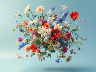 Levitating bouquet of assorted bright flowers against a clear blue sky, symbolizing freedom and joy