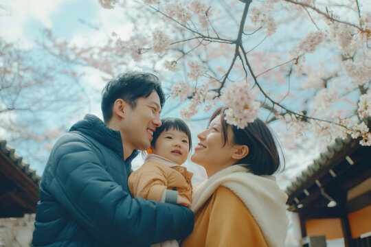 Japanese Family Moments: A Beautiful Asisn Portrait of Asian Parents and Children Cherishing Love, Laughter, and Togetherness in the Summer Park - A Joyful Outdoor Banner of Happiness