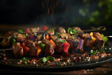 Beef and Vegetable Kabobs: Tender chunks of marinated beef, colorful bell peppers, onions, and mushrooms skewered and grilled to smoky perfection - obrazy, fototapety, plakaty
